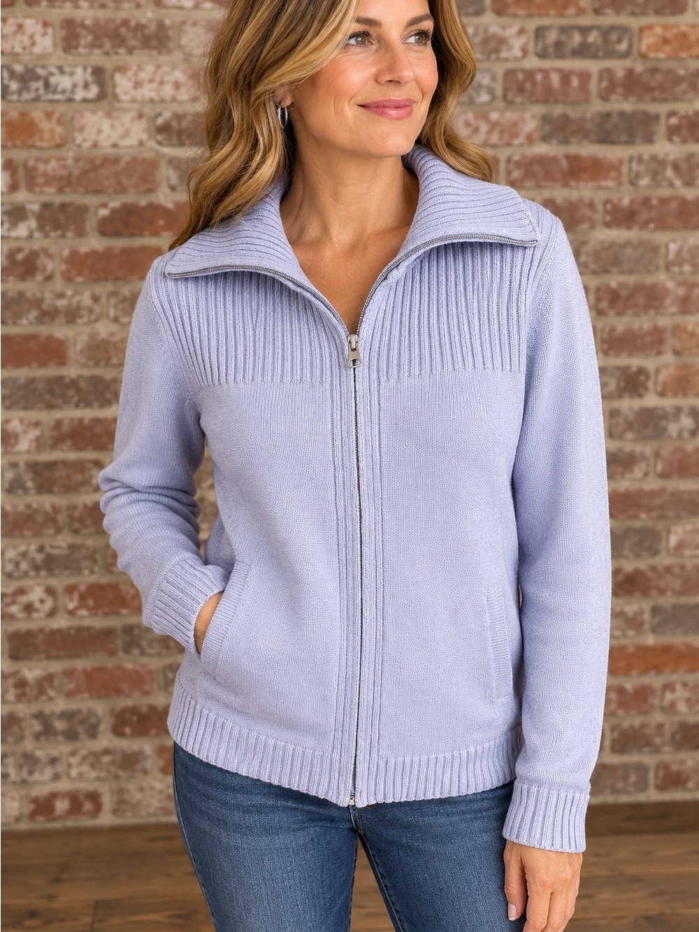 Pendleton Lavender Full-Zip Ribbed Knit Cardigan